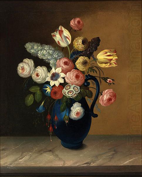 Still life, flowers in a blue jug oil on canvas painting by Van Diemonian (Tasmanian) artist and convict William Buelow Gould (1801 - 1853)., William Buelow Gould